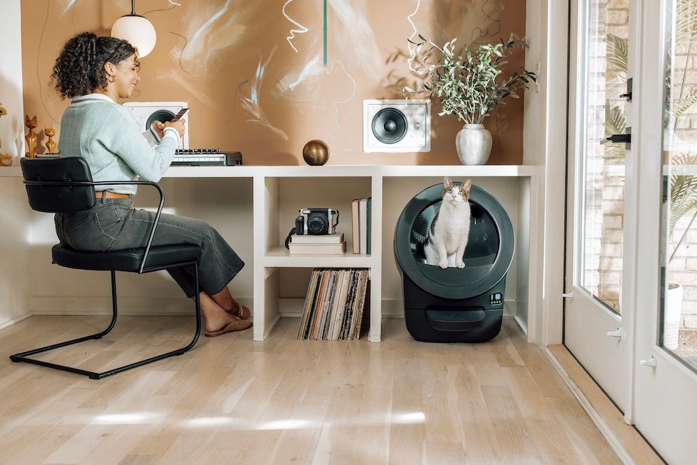 woman at desk near HSA/FSA eligible automatic litter box Litter-Robot