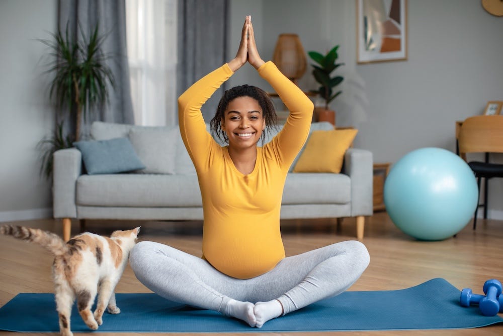 pregnant person practicing yoga with cat