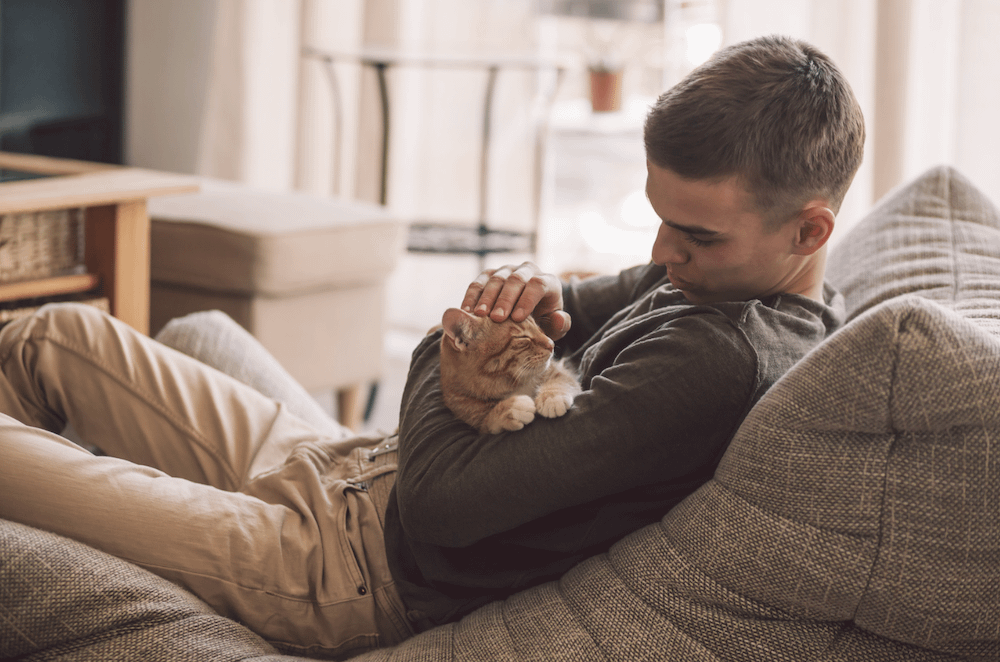 man cuddling young cat