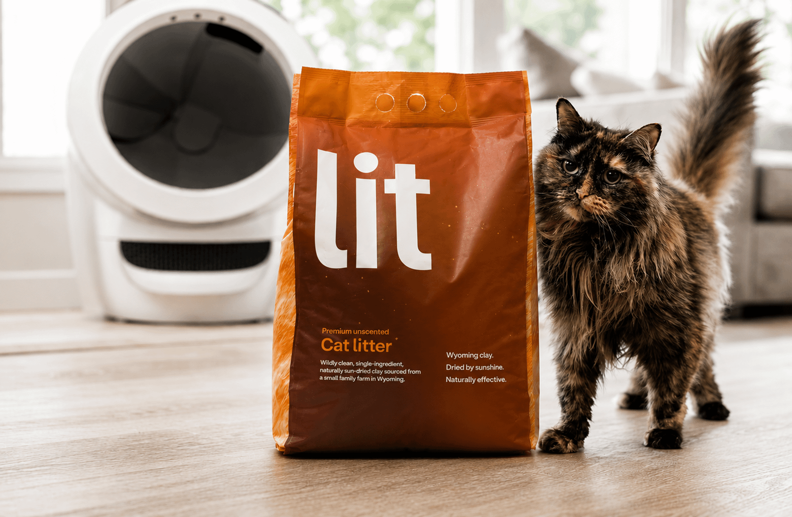 Cat standing next to a bag of Lit litter with a Litter-Robot in the background