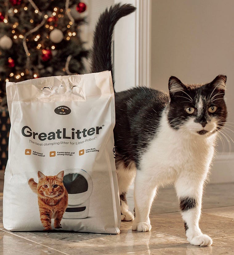 tuxedo cat with GreatLitter low-tracking cat litter