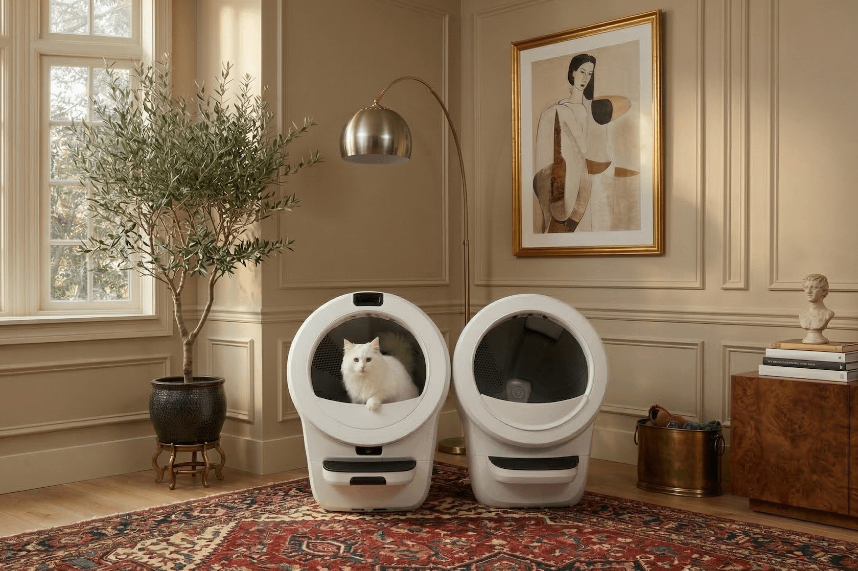 white cat using Litter-Robot 5 Pro next to Litter-Robot 4