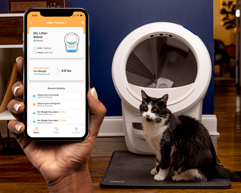 Whisker app monitoring Litter-Robot 4 tuxedo cat