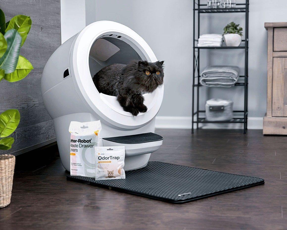 long-haired cat using Litter-Robot 4 with litter box accessories