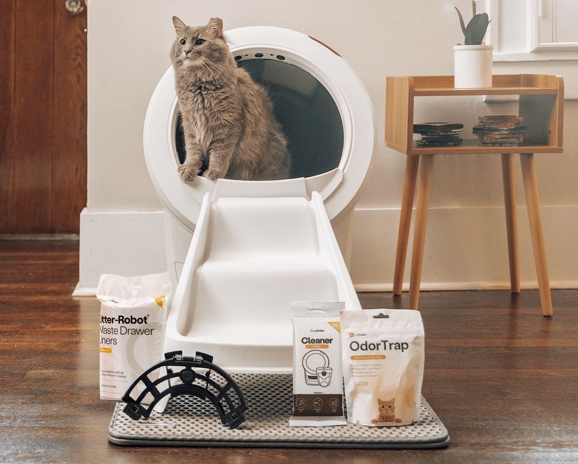 long-haired cat using Litter-Robot 4 with litter box accessories