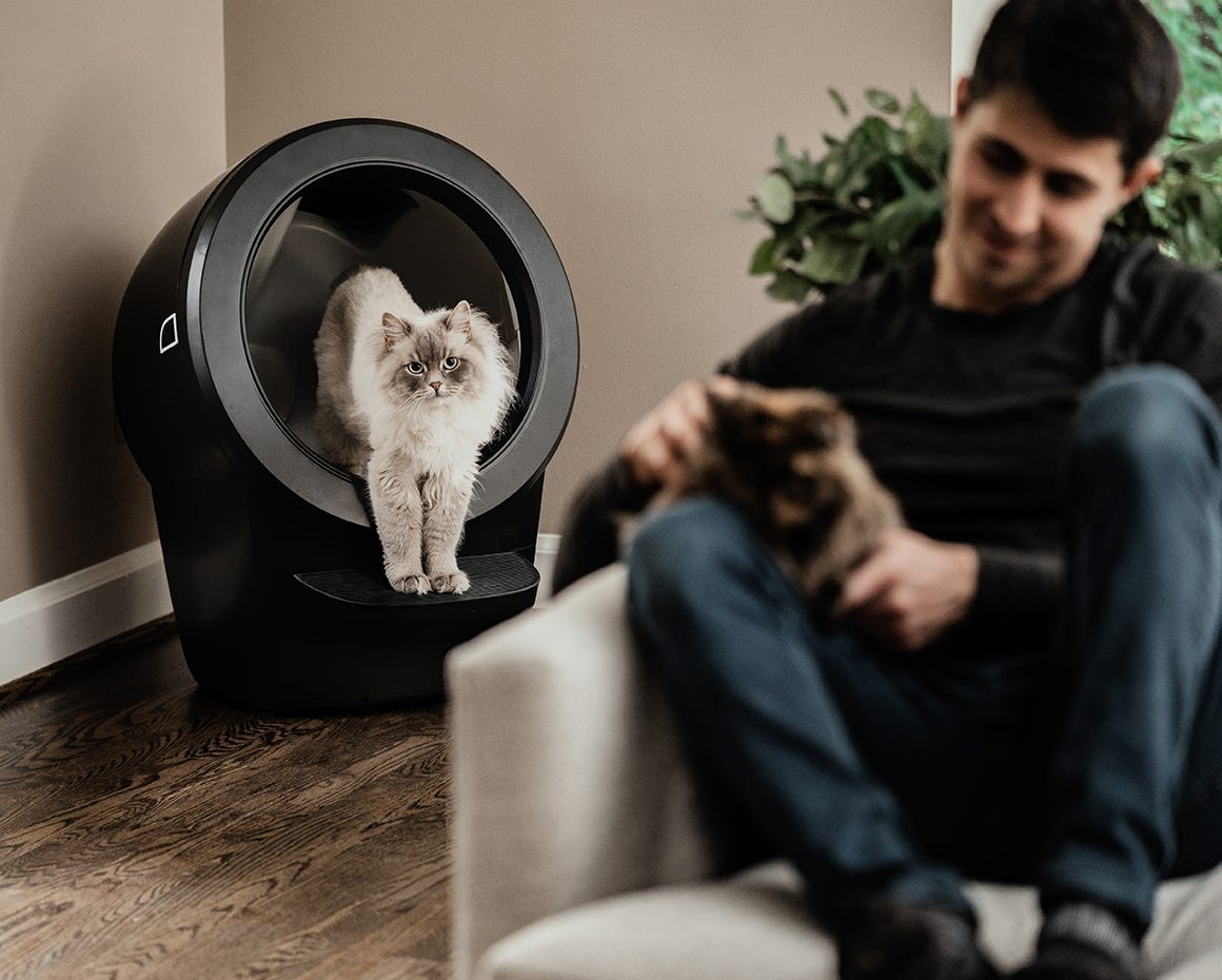cat using Litter-Robot 4 with man and cat in foreground
