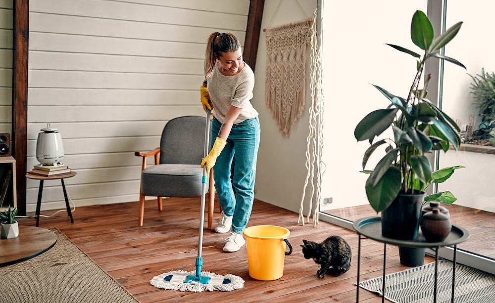 woman mopping floor while cat watches by plant