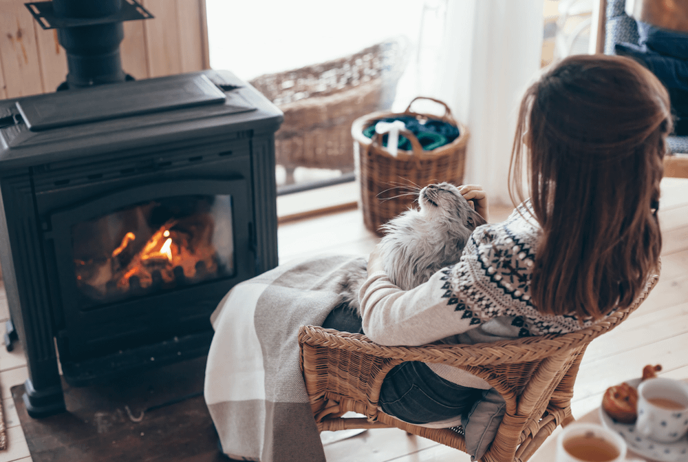 woman petting cat on lap in front of wood stove