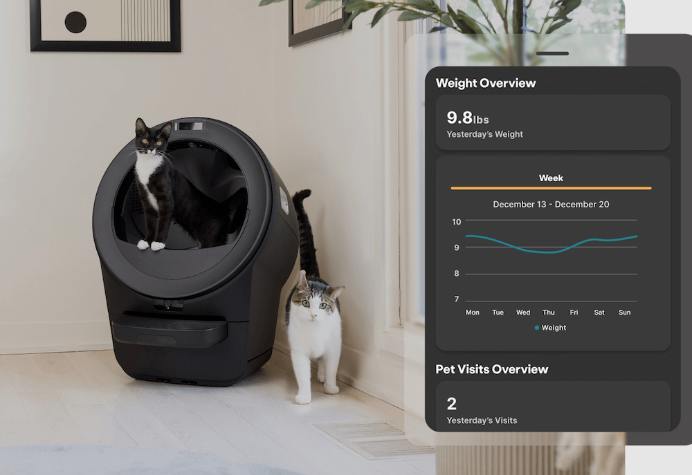 cat using Litter-Robot 5 self-cleaning litter box with Whisker app screen of cat weight overview