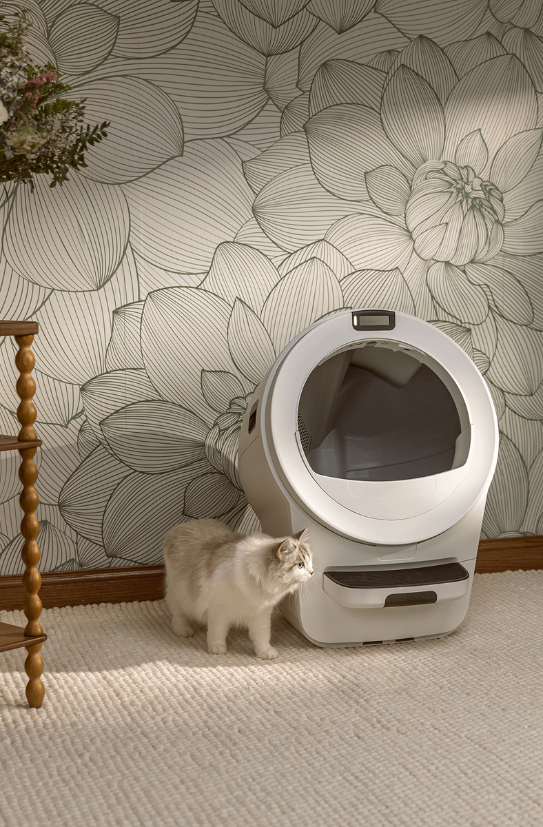 Ragdoll cat next to automatic litter box Litter-Robot 5
