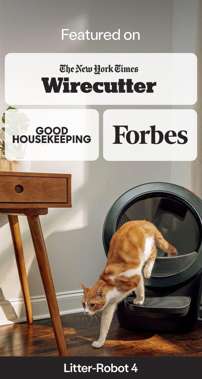 Litter-Robot 4 press mentions in the New Yor Times Wirecutter, Forbes, and Good Housekeeping