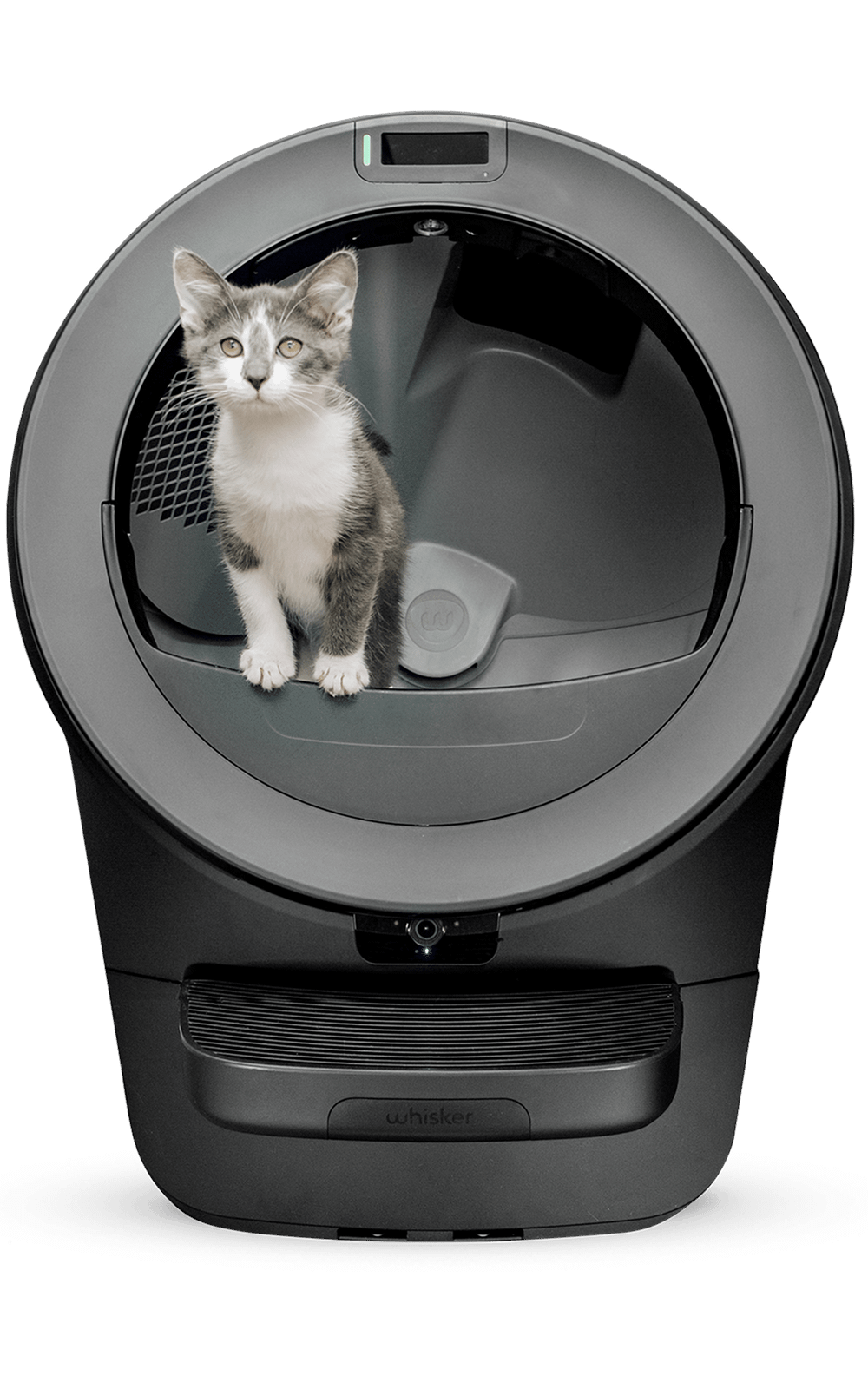 Litter-Robot 5 Pro with Whisker app open showing cat health dashboard