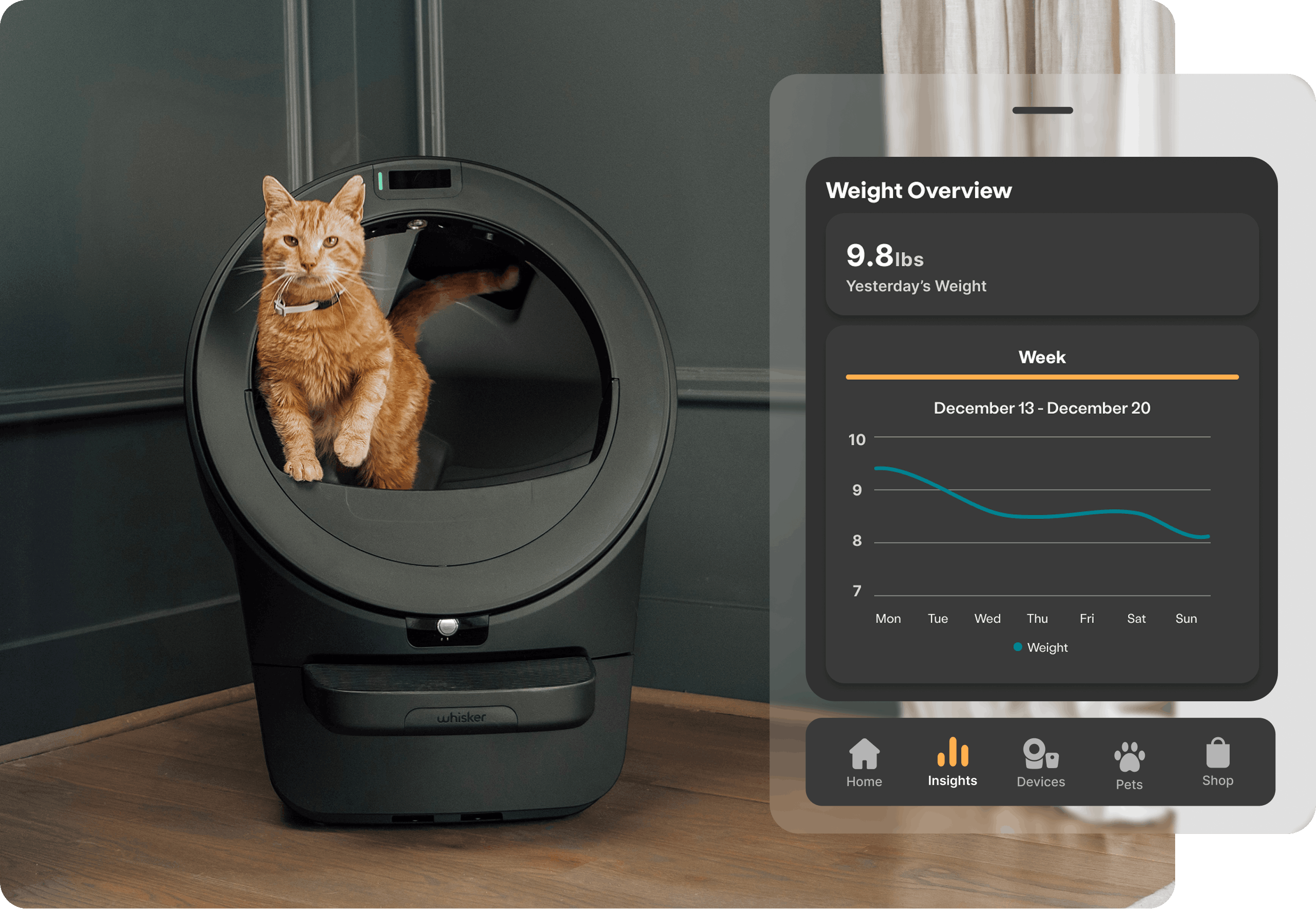 Whisker app showing a cat's weight trend graph over 30 days
