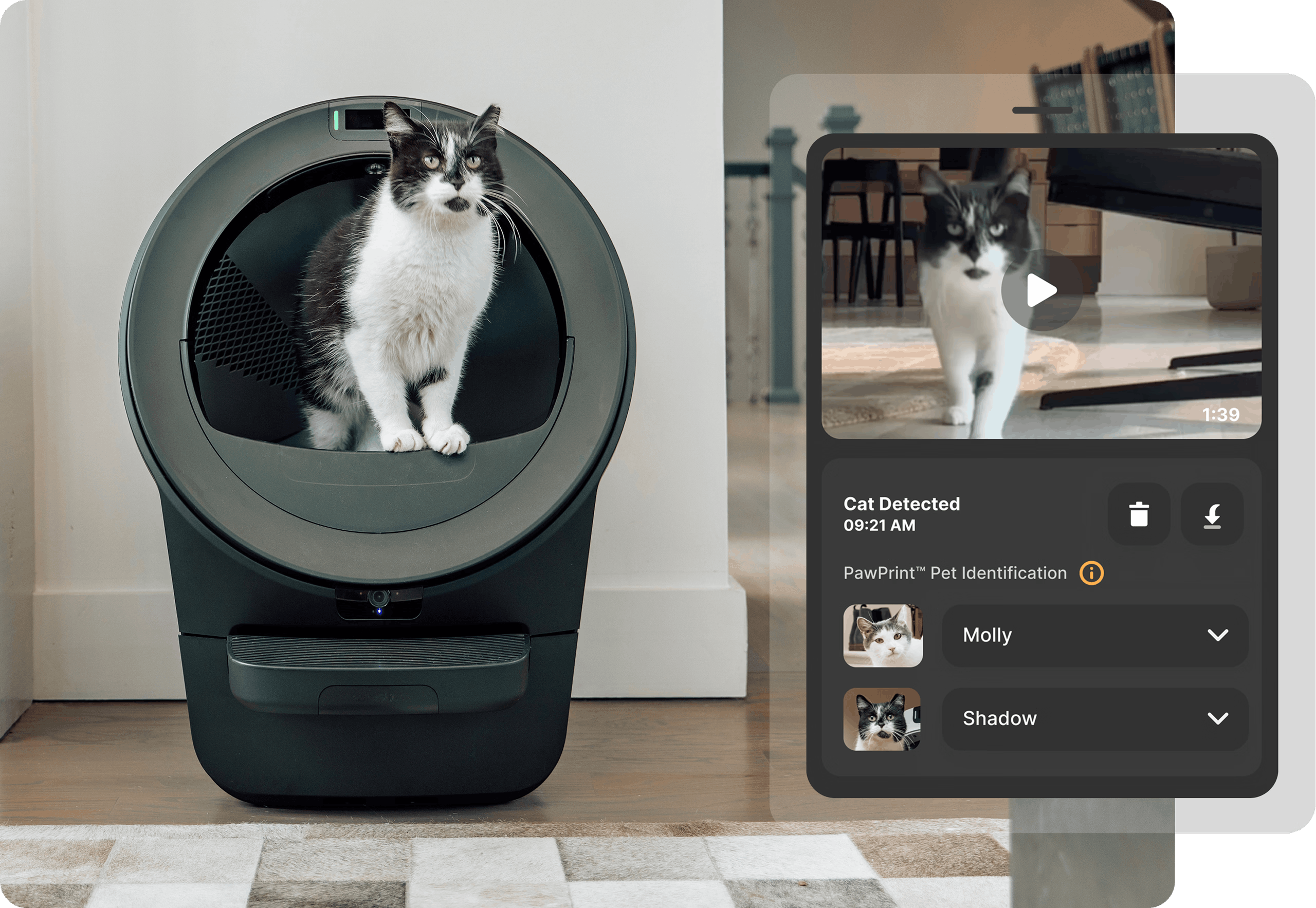 Whisker app showing WasteID visual waste log for Litter-Robot 5 Pro
