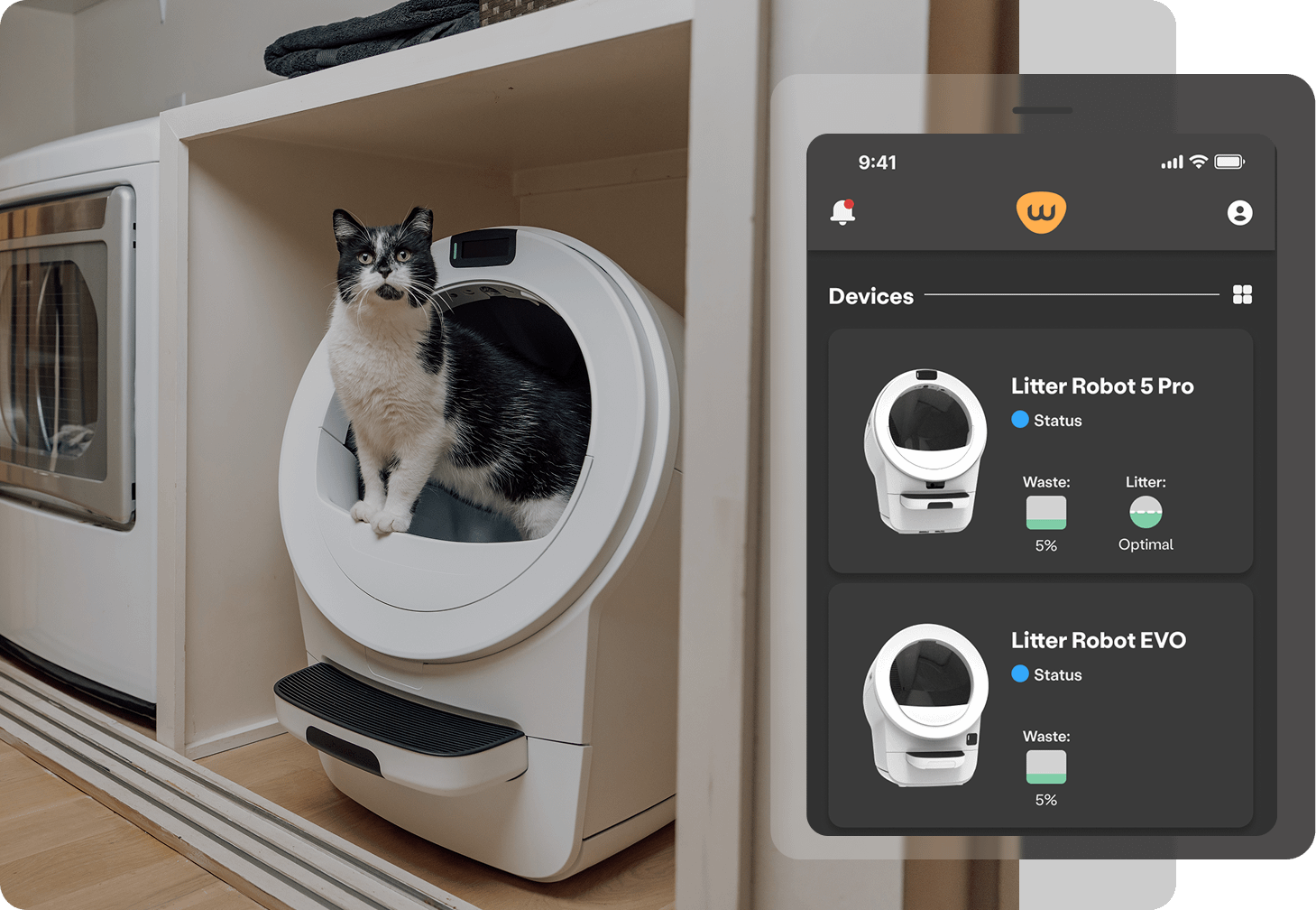 Litter-Robot 5 pro and Litter-Robot EVO in the whisker app