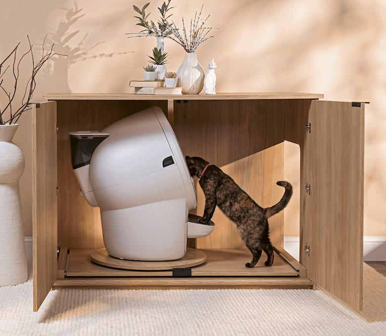 cat using self-cleaning litter box inside litter box enclosure