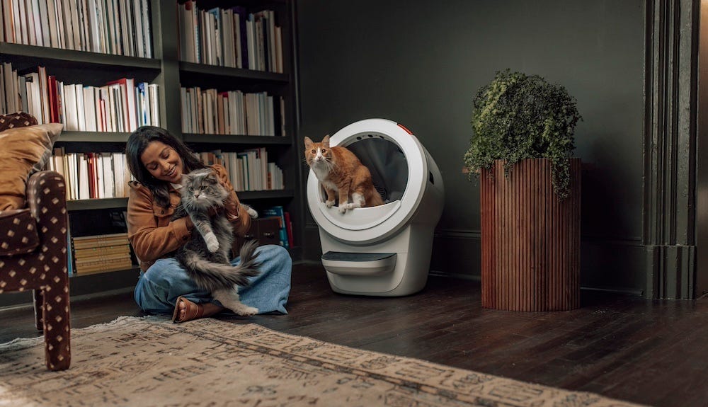 woman playing with cat while another cat uses Litter-Robot 4
